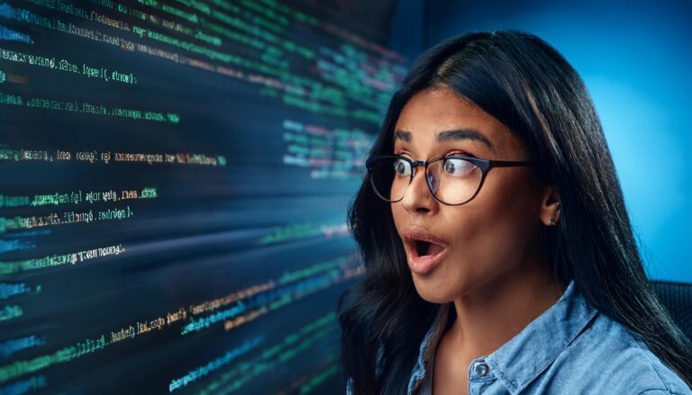 woman with appalled expression looking at computer code on screen 83052