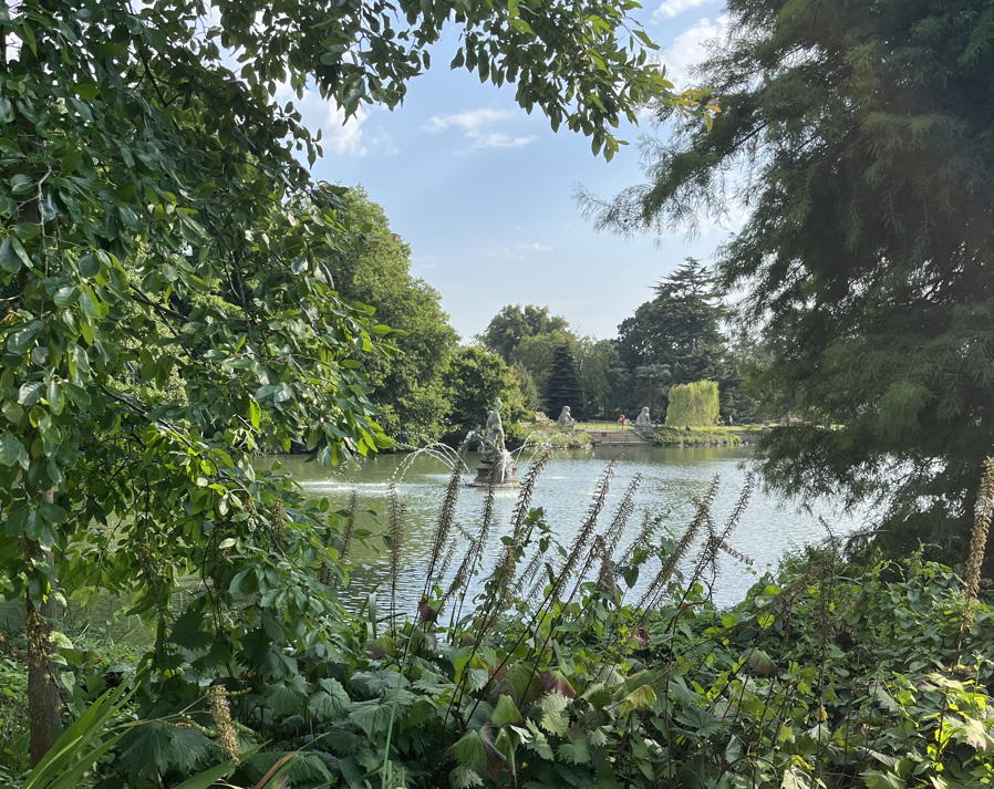 fountain in a lake seen through foliage at a garden