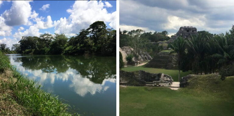 River in Belize on left and pyramids in Belize on right